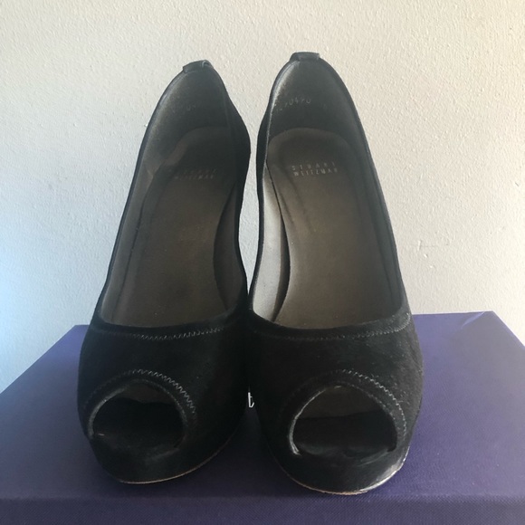 Stuart Weitzman black suede hells with open toe. - Picture 3 of 4